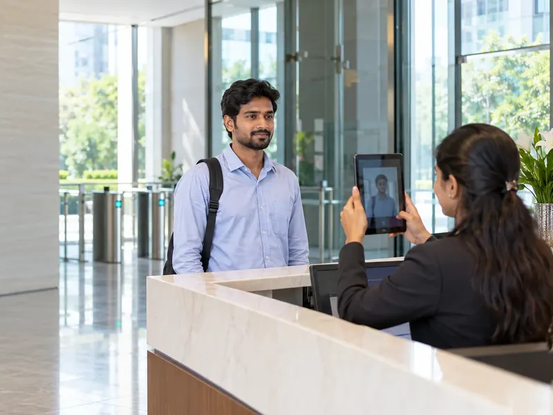 Receptionist photographing a visitor with a tablet at the front desk of a secure office lobby
