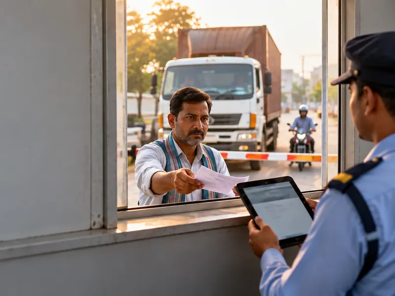 Truck driver handing paperwork through a gate cabin window to a security guard holding a tablet, with the truck waiting at the barrier