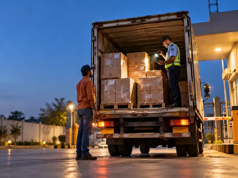 Security guard with a torch checking cartons in the back of a truck at a gate at dusk while the driver waits