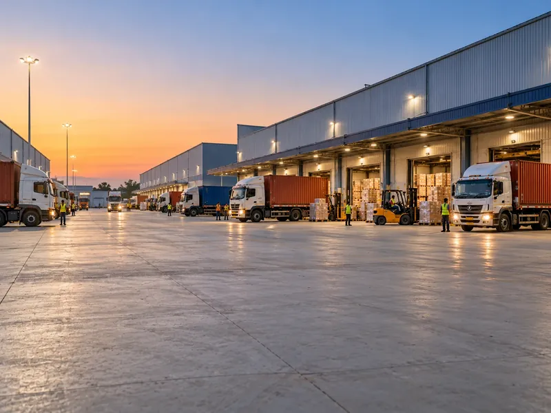 A large logistics park at dusk with warehouse sheds, open docks and container trucks parked in rows