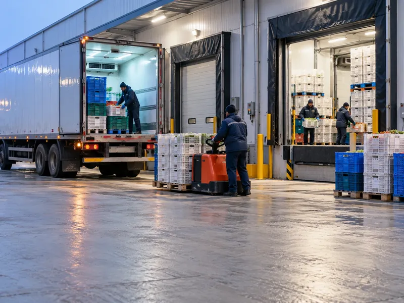 A cold storage loading bay with a refrigerated truck backed in and workers in jackets moving crates