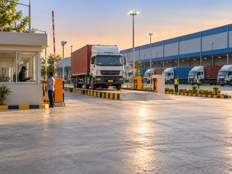A distribution centre gate with a guard cabin, boom barrier and weighbridge as a container truck drives in
