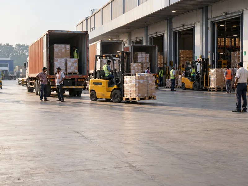 A busy loading dock with trucks backed in, forklifts moving pallets and drivers standing around