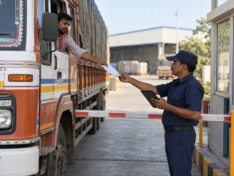 A truck driver handing a paper challan out of his cab window to a guard holding a tablet at a boom barrier