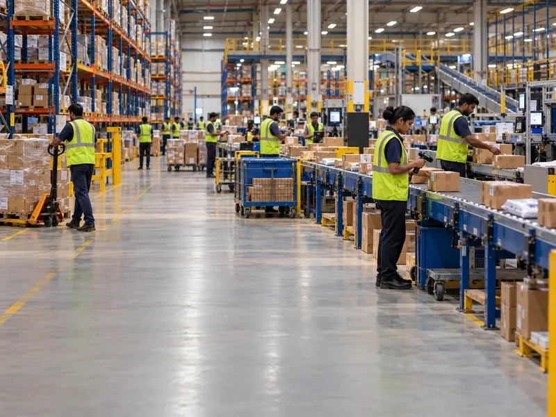 Inside an e-commerce fulfilment centre with racks, conveyor belts and workers using handheld scanners