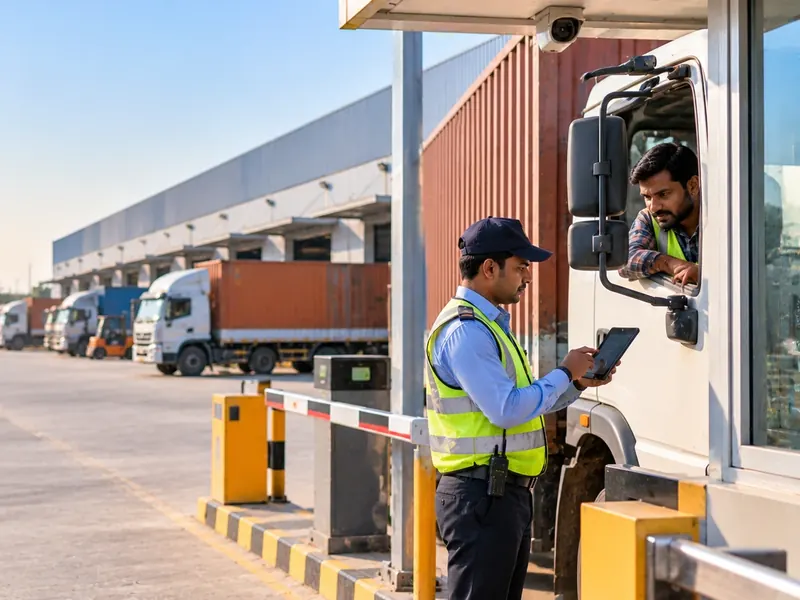 Security guard in a high-visibility vest checking a truck driver in on a tablet at a warehouse gate, with trucks lined up at the loading bays