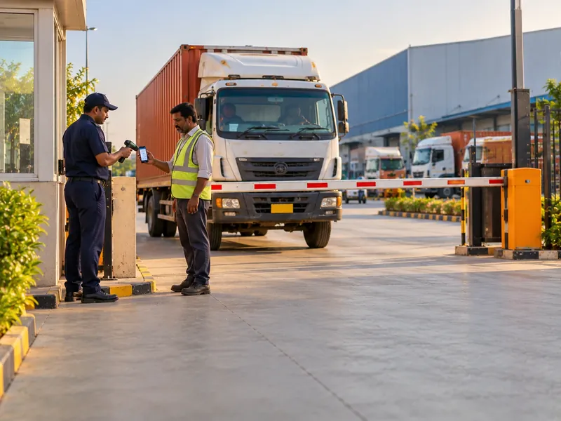 A guard scanning a QR code on a driver's phone at a warehouse gate with a container truck behind the barrier