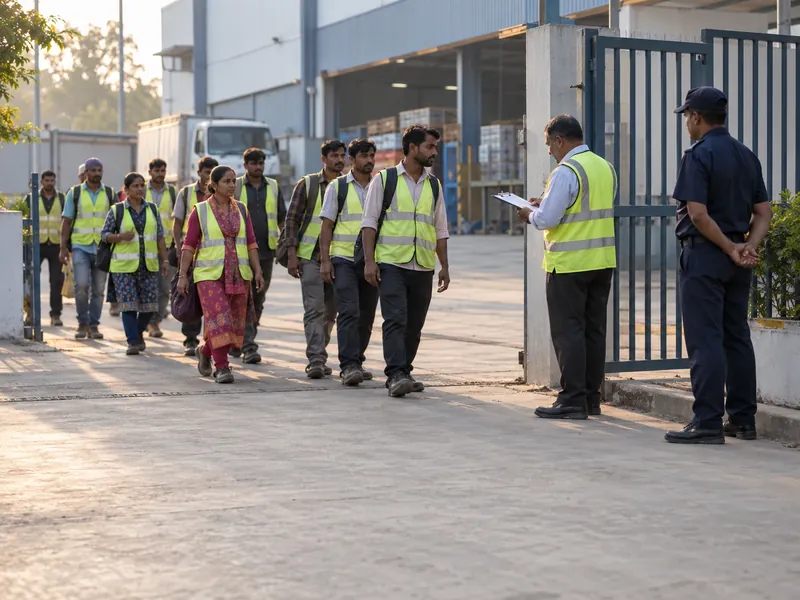 Contract loaders in reflective vests walking in through a warehouse side gate while a supervisor counts them on a clipboard and a guard watches