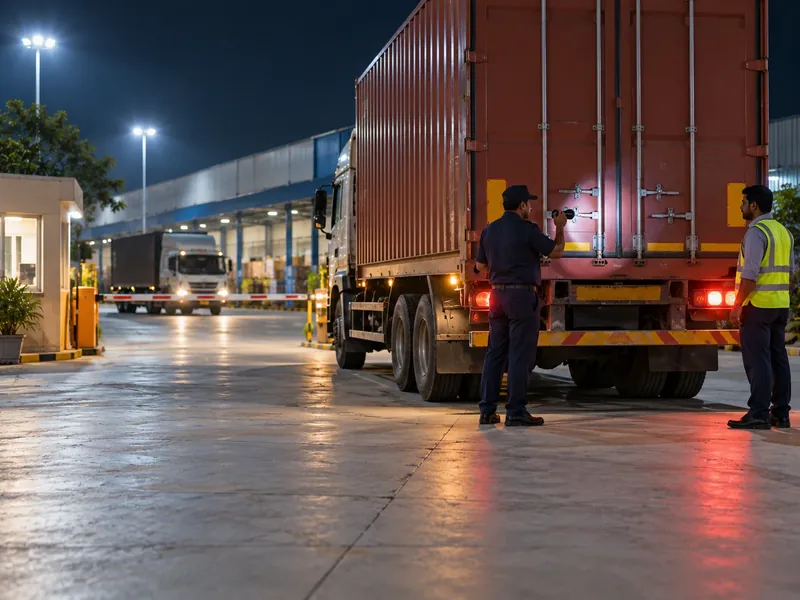 A guard with a torch checking the rear doors of a container truck at a warehouse gate at night with a colleague in a reflective vest