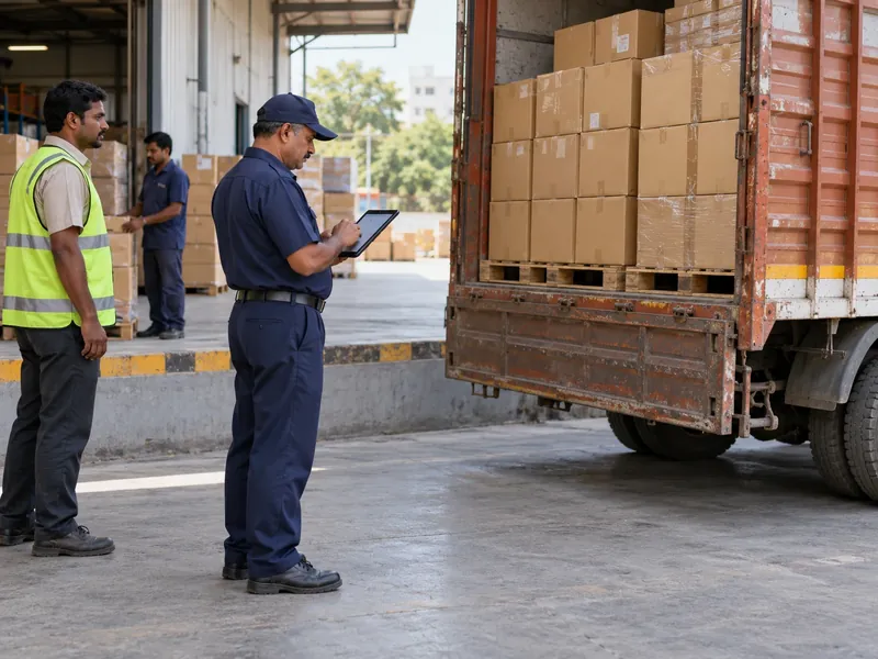 A guard with a tablet counting cartons on a truck at a warehouse dock while a supervisor in a reflective vest watches