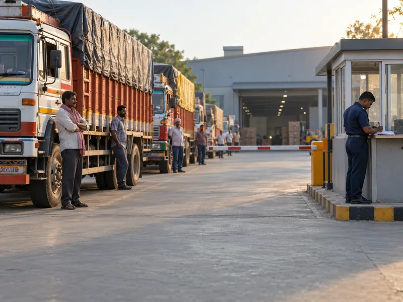 A line of trucks waiting outside a warehouse gate in the morning while drivers stand by their cabs and a guard writes in a register at the cabin