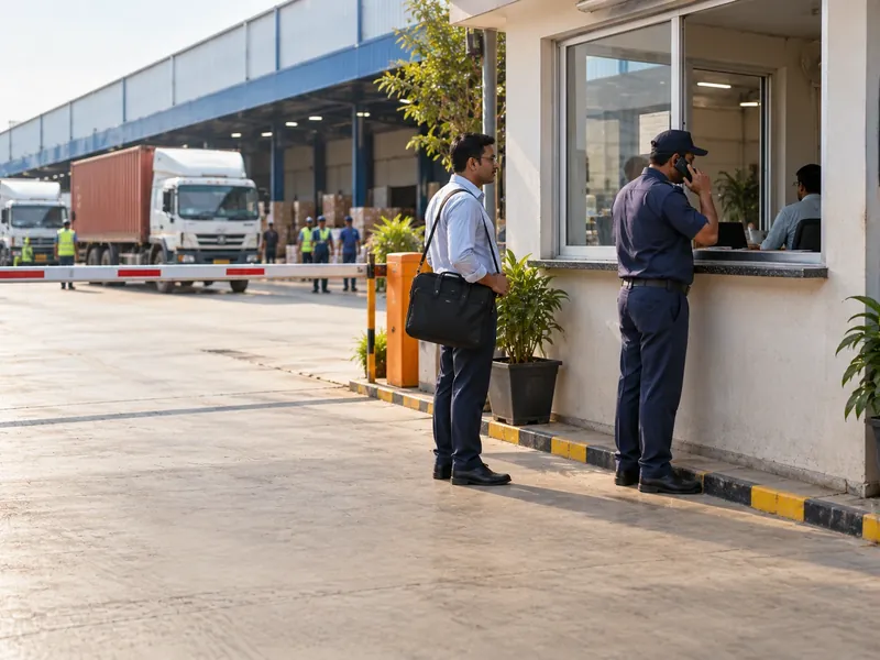 A vendor with a laptop bag waiting at a warehouse office window while a guard makes a phone call
