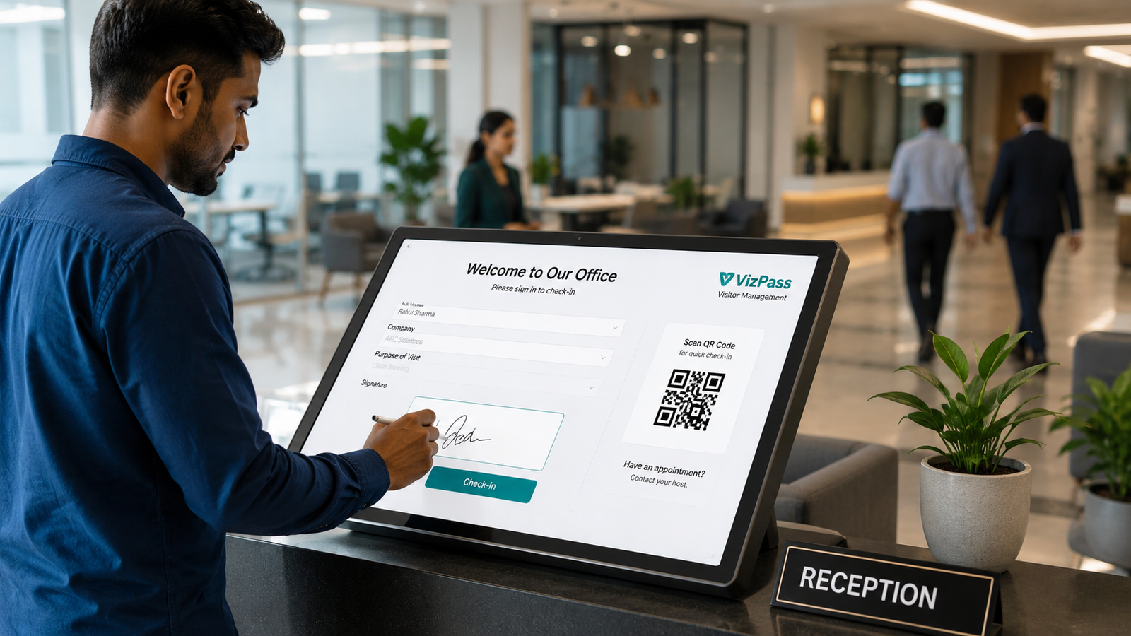 Reception desk with digital sign-in process