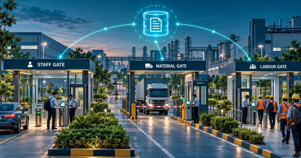 Factory with multiple gates connected by one shared digital visitor and gate pass record system.