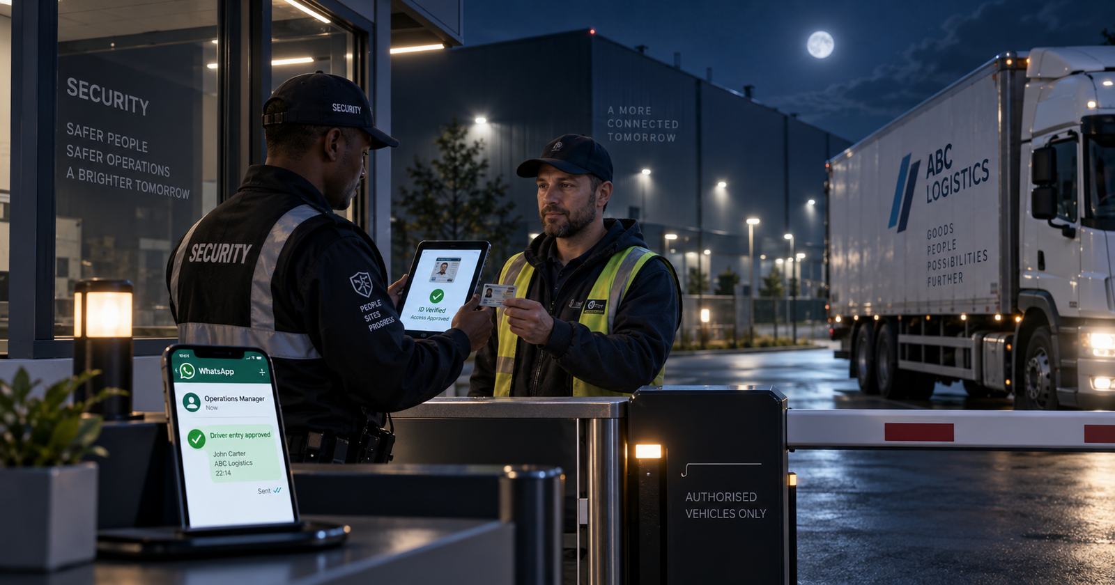 Security guard at a factory gate at night scanning a driver's ID while a WhatsApp approval request is sent to a supervisor's