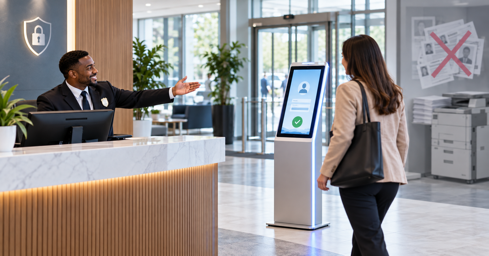 Illustration of a reception desk transitioning from paper ID photocopies to a digital visitor check-in kiosk, symbolizing DPD