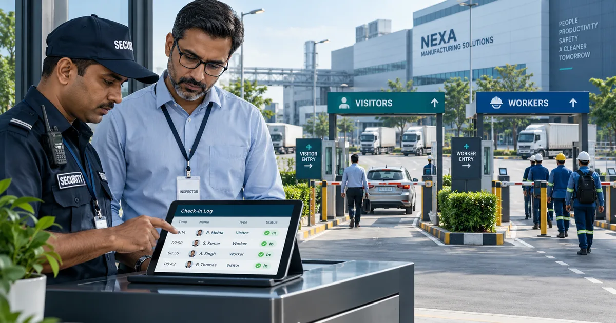 Illustration of a factory gate inspection with a guard and inspector reviewing digital entry records on a tablet.