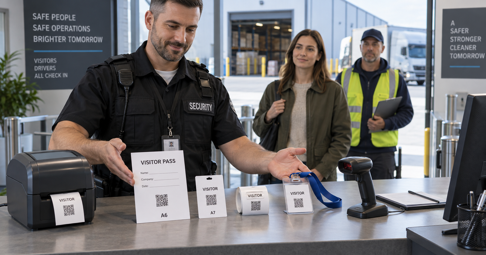 Illustration of a gate security desk comparing A6, A7, thermal label and badge gate pass formats for visitors and material mo