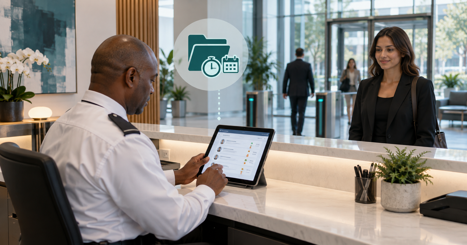 Illustration of a receptionist reviewing digital visitor logs with a retention timeline icon, symbolizing DPDP-compliant data