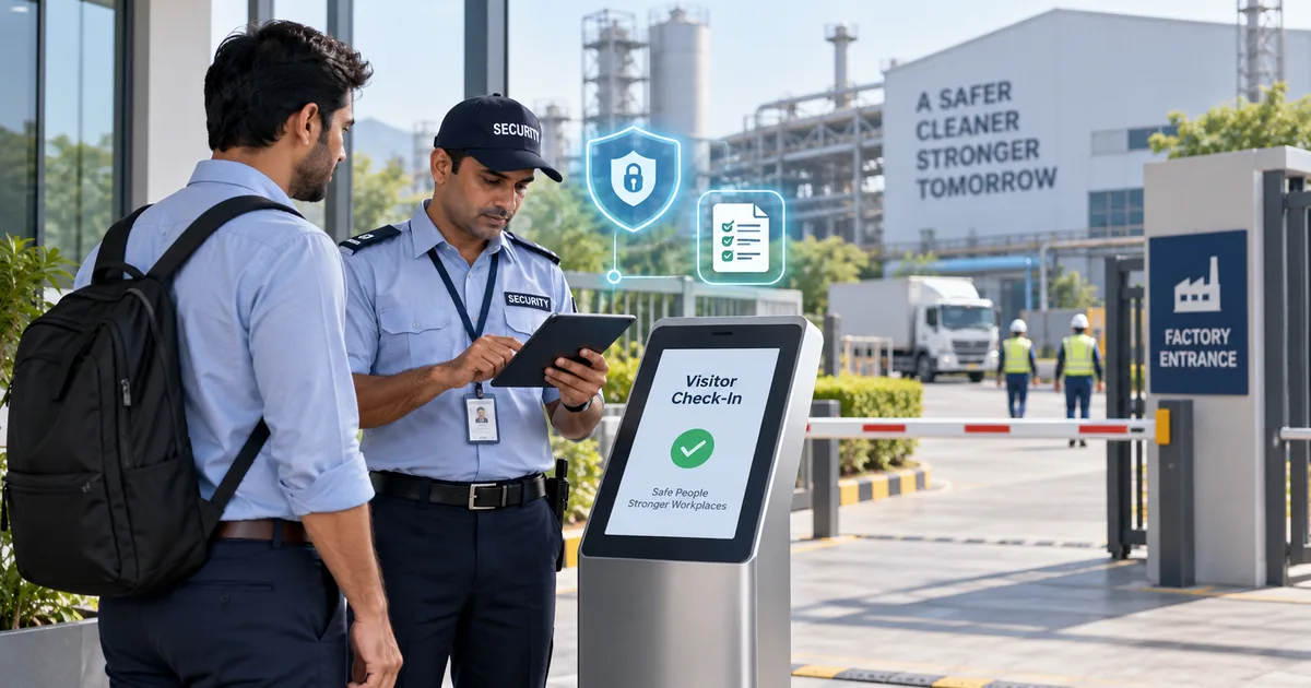 Illustration of a factory gate check-in kiosk representing combined safety and DPDP data protection compliance for visitor re