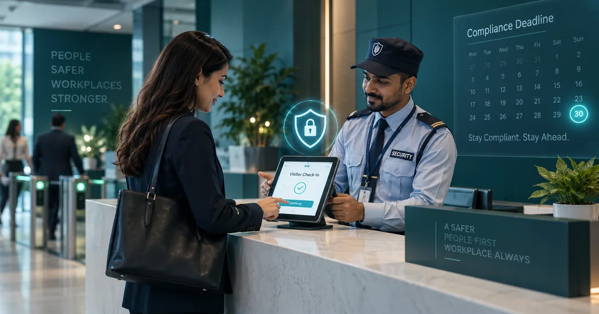 Modern office gate where a guard checks in a visitor digitally, symbolizing DPDP Rules 2025 data protection