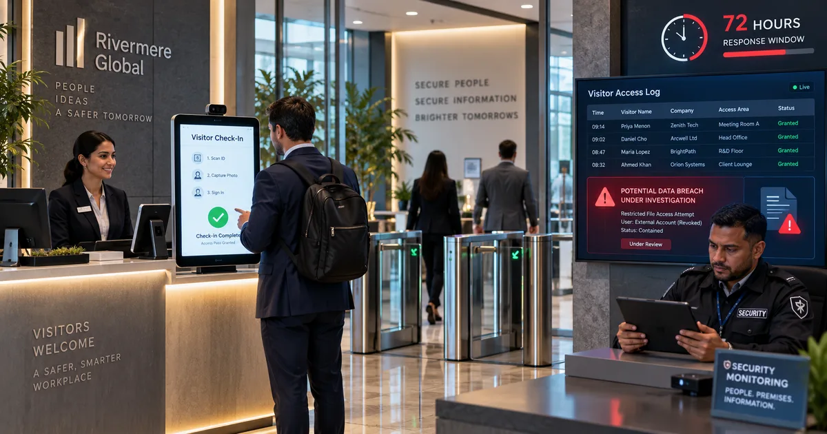 Security manager reviewing a digital visitor log on a tablet at a gate kiosk during a data breach investigation.