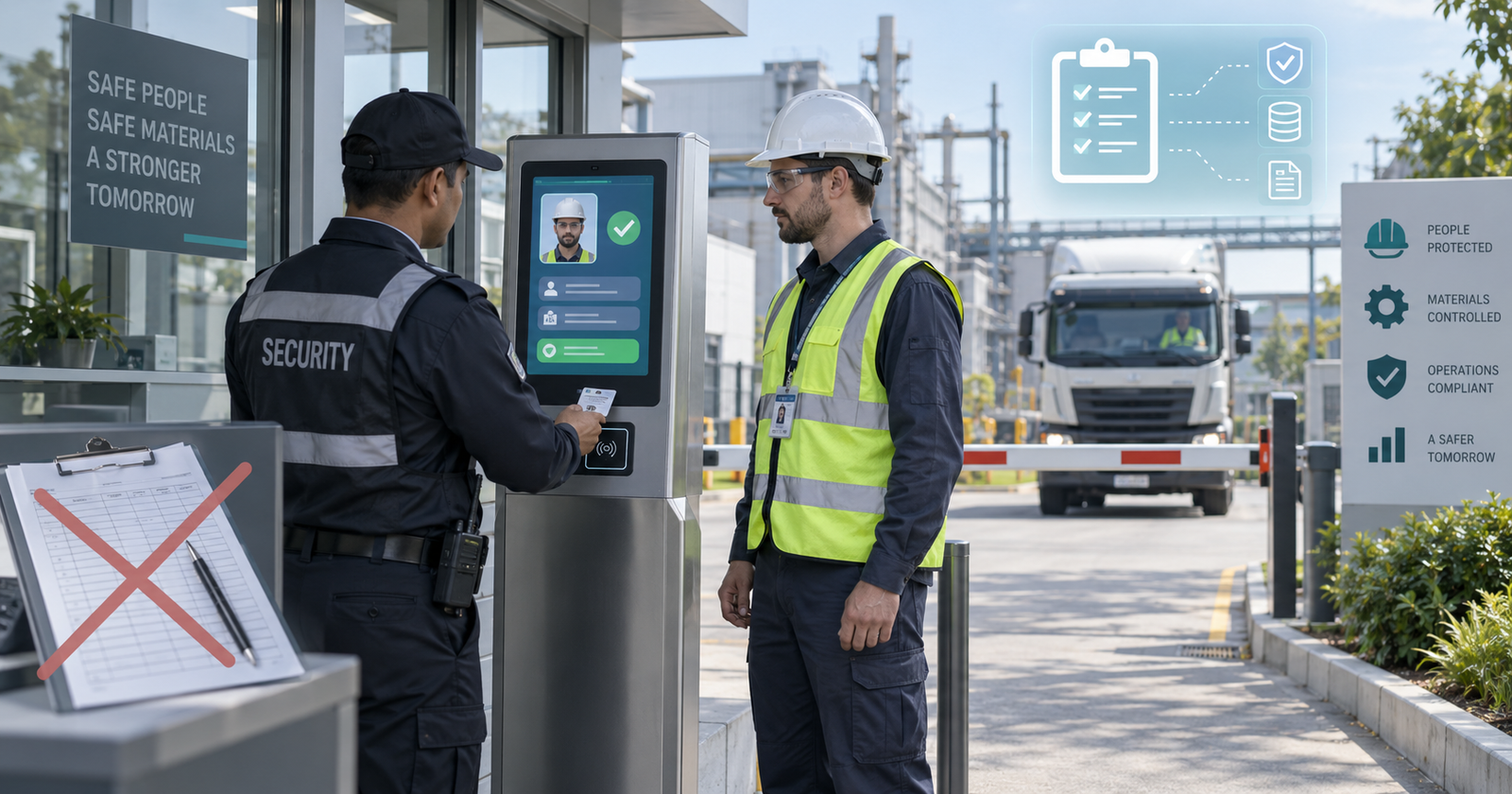 Illustration of a factory security gate where a guard digitally verifies a contractor's ID and induction validity instead of
