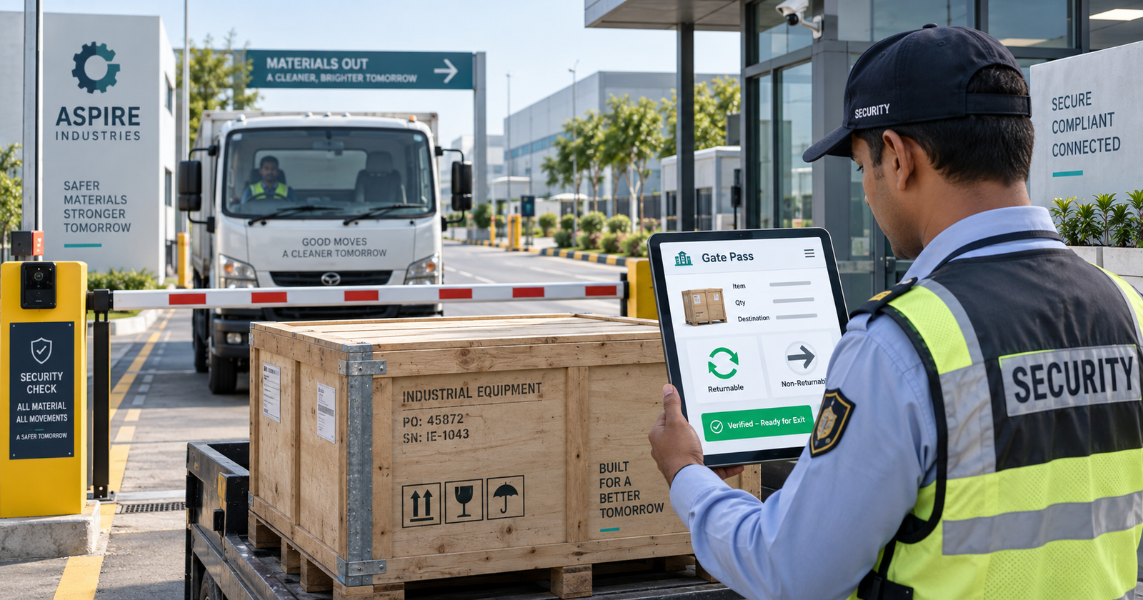 Illustration of a factory gate security check verifying material against a digital RGP and NRGP gate pass system.