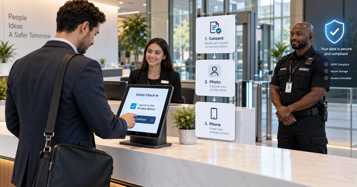 A visitor accepting a digital consent notice at an office gate, reflecting DPDP Act compliance for visitor da