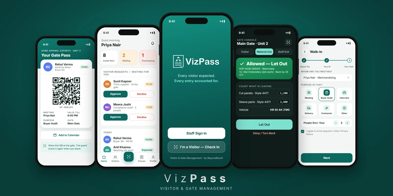 The VizPass app at an apparel factory gate: visitor QR pass, host approvals, sign-in, gate console and walk-in check-in.